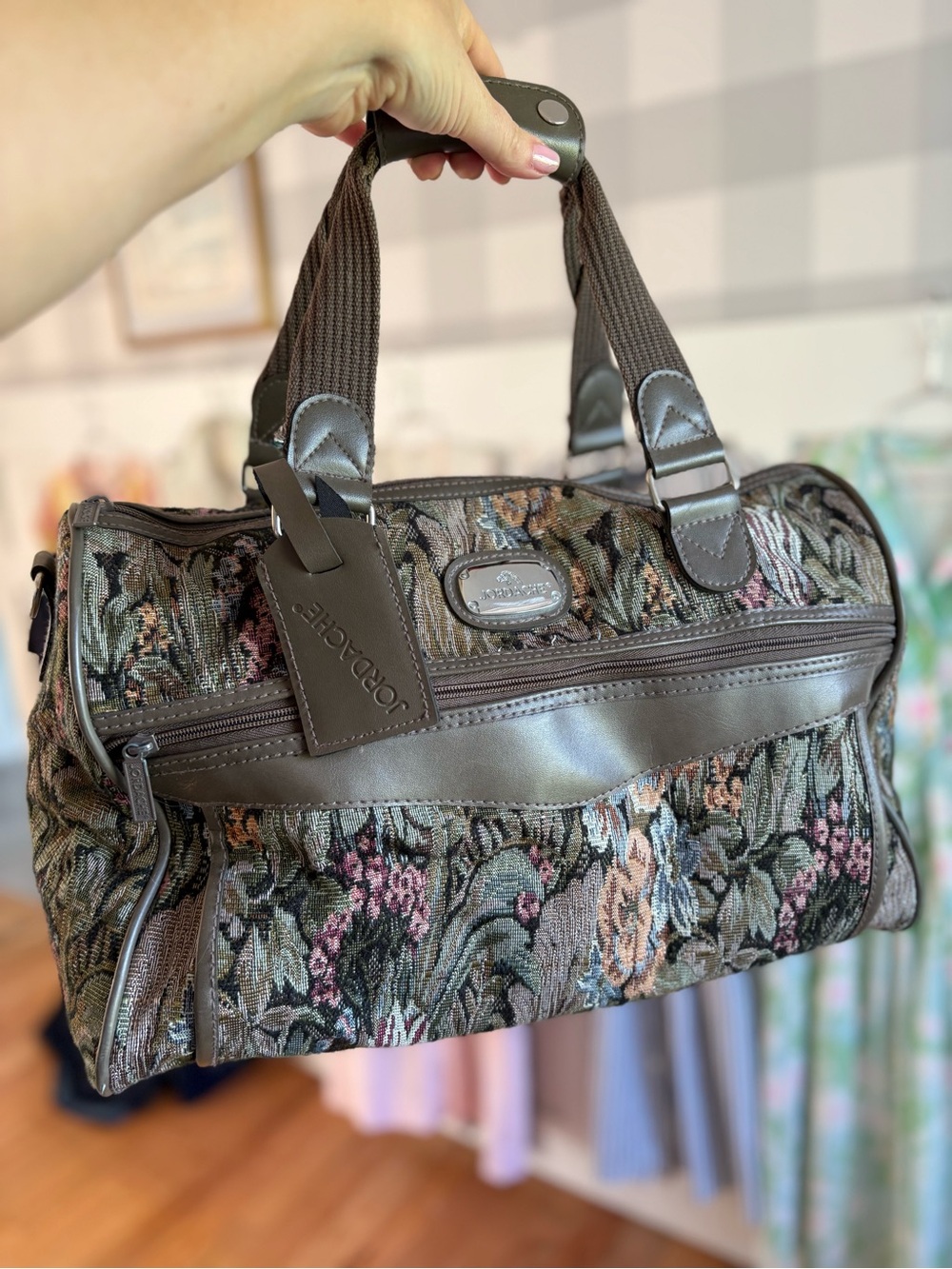 Jordache Vintage Brown Floral Tapestry Duffel Bag with Green Accents